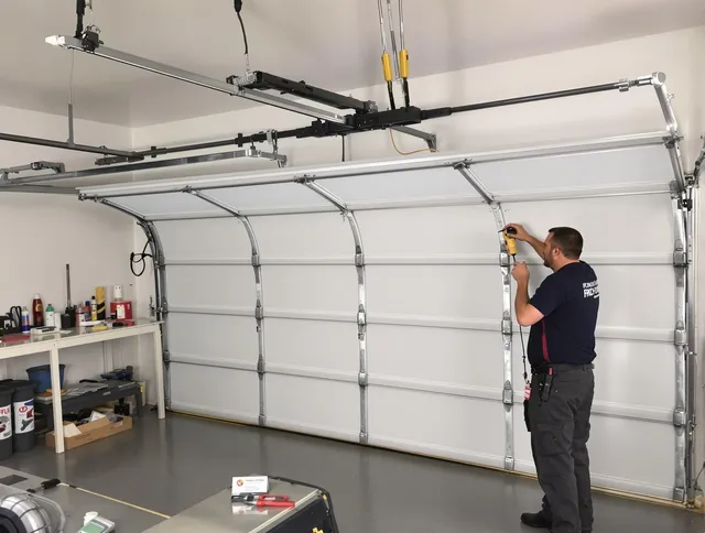 Monroe Garage Door Repair certified technician performing overhead door system repair in Monroe
